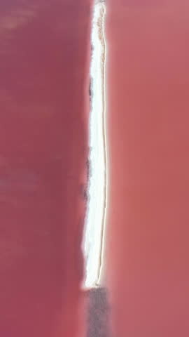 Vertical Drone Shot of Barrier Between Pink Salt Flats, Evaporation Ponds in Great Salt Lake, Utah USA