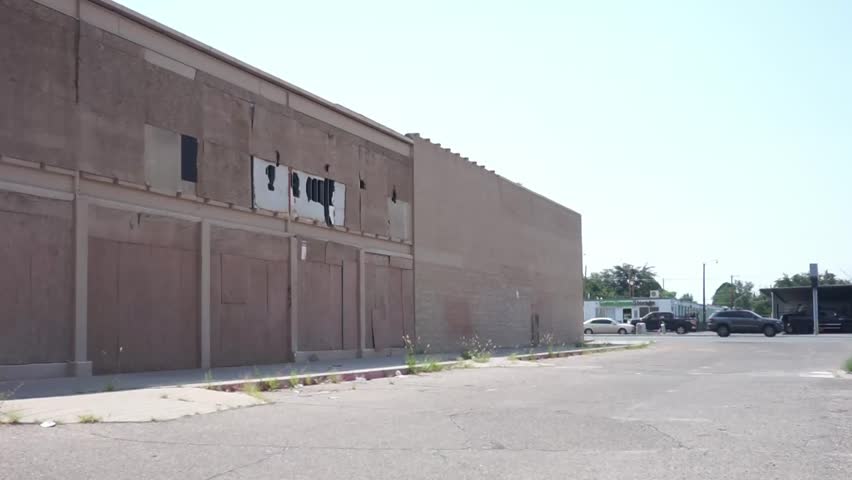 Abandoned, boarded up building, called the Franklin Plaza shopping center on Juan Tabo and Central in Albuquerque, New Mexico, which has been used in the movies "Army of the Dead" and "Finch"