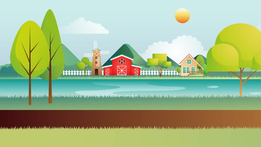 Colorful pickup truck distributing dairy product from the contryside farm using a small road along the river and forest through the village in the evening