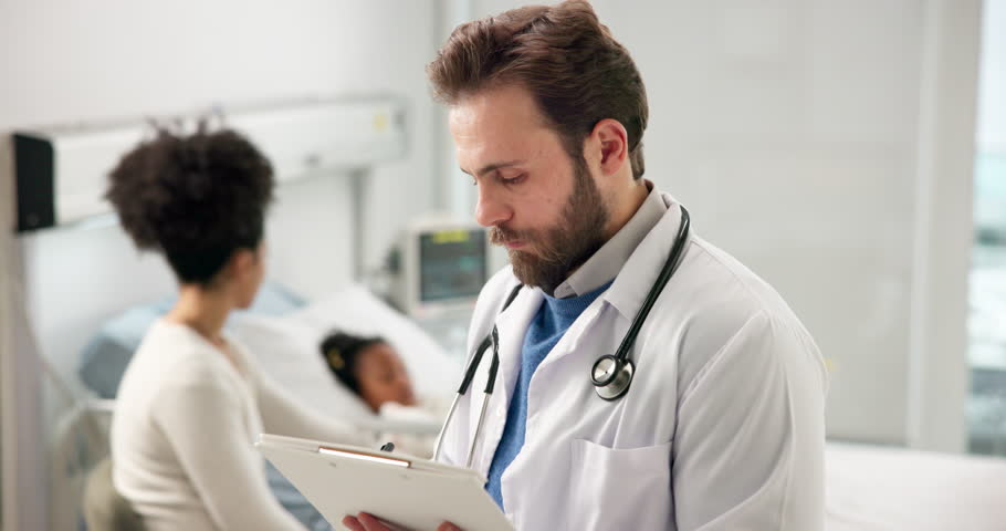 Clipboard, hospital bed and doctor with child for diagnosis, patient info and medical report. Healthcare, pediatrician and person writing notes for insurance form, surgery results and consulting