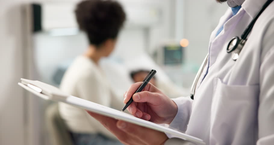 Clipboard, hospital and hands of doctor with child for diagnosis, patient info and medical report. Healthcare, pediatrician and person writing notes for insurance form, surgery results and consulting