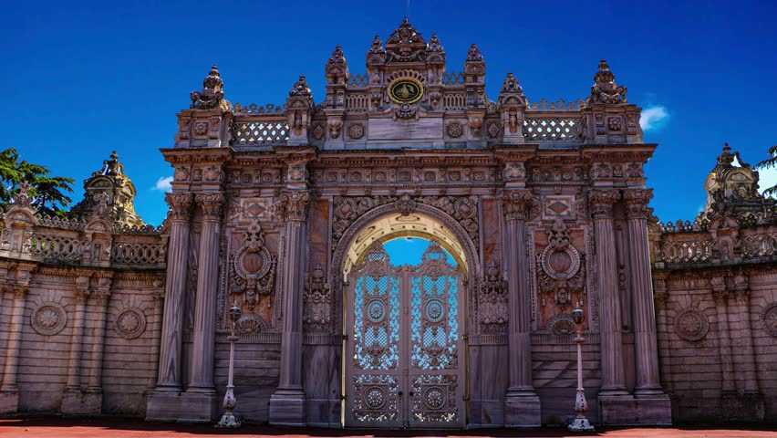 The Gate of the Sultan, Dolmabahce Palace, Istanbul, Turkey Istanbul, Turkey - February 10, 2023: Decorations at the Entrance Door of Dolmabahçe Palace in Beşiktaş District Dolmabahce Palace at Istanb