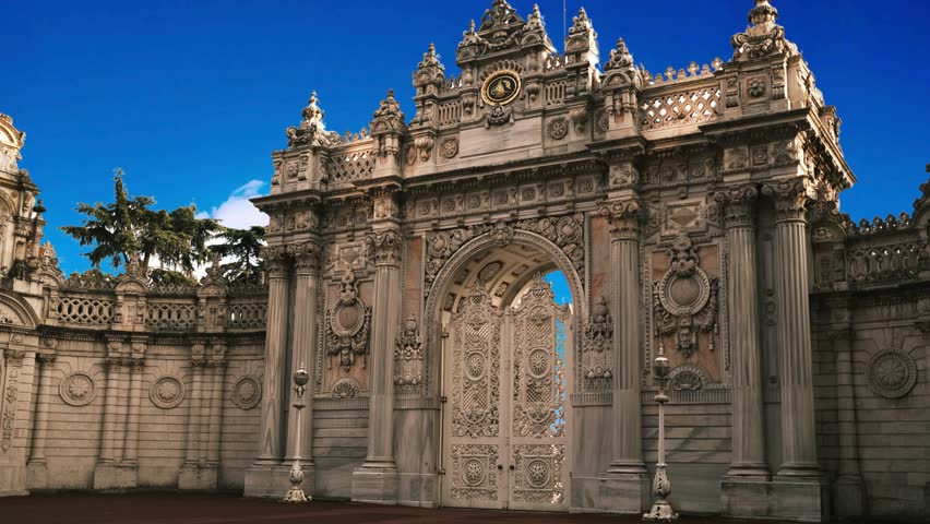 Dolmabahce Palace at Istanbul Turkey - architecture background	Dolmabahce Palace in Istanbul, Turkey.The Gate of the Sultan, Dolmabahce Palace, Istanbul, Turkey