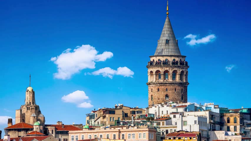 The Tower Of Galata, istanbul Turkey Aerial evening shot of the Galata Tower in Istanbul, Turkey. Aerial view of landmark at golden hour with beautiful sunlight.