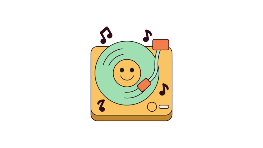 A cheerful animated video featuring a turntable playing a vinyl record with a smiling face. Upbeat music notes dance around it. Simple, colorful animation style.