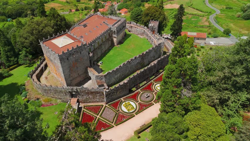 Aerial view of Soutomaior Castle in summer, a 12th-century medieval fortress atop Mount Viso in Galicia, Spain. One of the most important historic castles in Southern Galicia.
