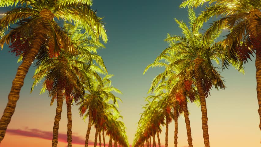 A serene looped video of a palm-lined avenue during a breathtaking sunset. Perfect for relaxation, background visuals, or tropical-themed projects.