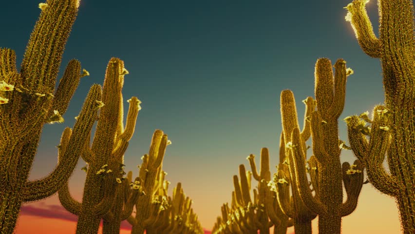 Golden rows of cacti shine under the desert sunset in a seamless loop. Perfect for relaxation, meditation, nature backgrounds, or creative projects.