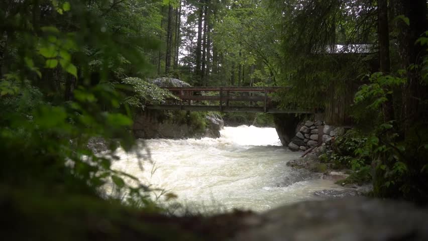 Powerful torrent of a mountain stream after heavy rain flowing under a rustic wooden bridge in a dense forest, highlighting the force of nature