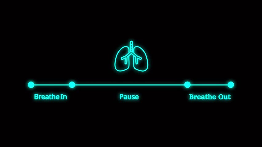 “Breathing cycle animation showing Inhale Hold, short pause, and carbon dioxide exhalation with lungs illustration for medical, educational, and healthcare concepts.”