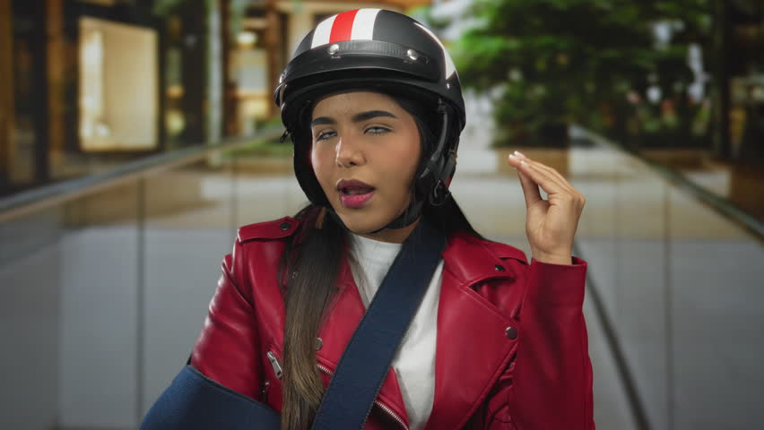 Woman lifts her arm in a subtle gesture on a crowded street by a young latin hispanic rider wearing a helmet beside a parked bike and motorbike.