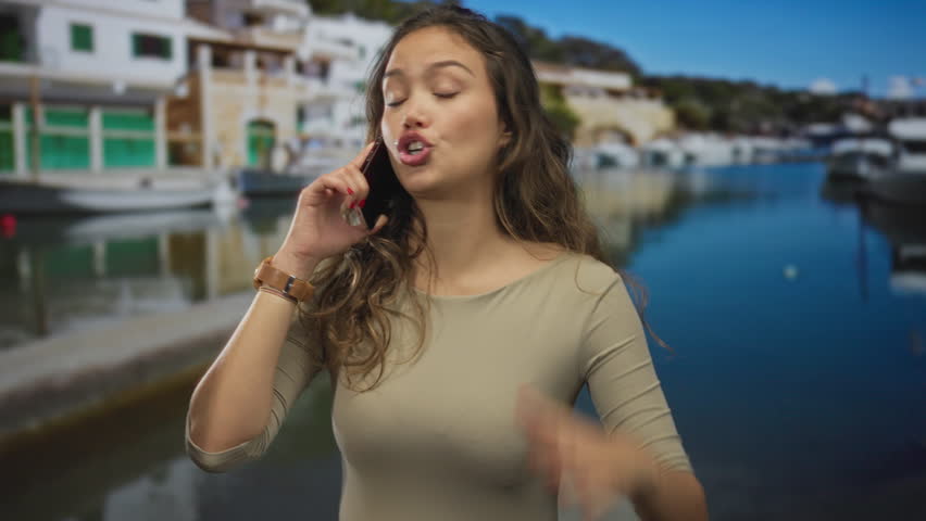 Woman frustrated on smartphone in scenic port setting, with boats and seaside outdoors, highlighting young hispanic female engaging in communication amidst seaside view.