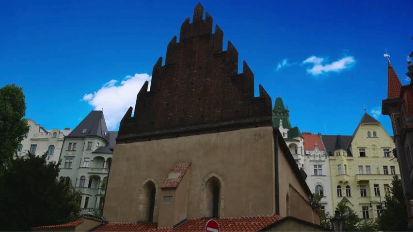 External view of the Old New Synagogue, also called Altneuschu. Situated in Josefov, Prague, it