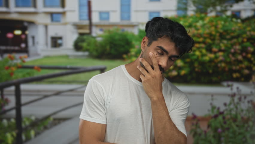 Hispanic man in casual white t shirt with hand on cheek on street near urban greenery looking thoughtful; contemplation.