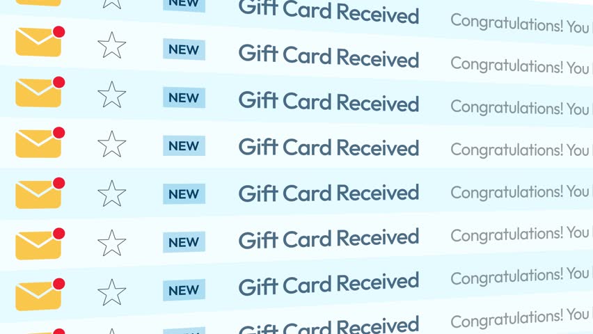 4K video of an email inbox receiving multiple Gift Card Received messages, illustrating customer loyalty and digital rewards