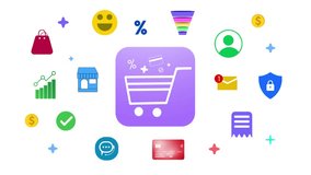 Illustration of a shopping cart app icon surrounded by e-commerce elements like payment, security, and analytics, 4k animation - Powered by Shutterstock - Get 15% off with code: PIKWIZARD15
