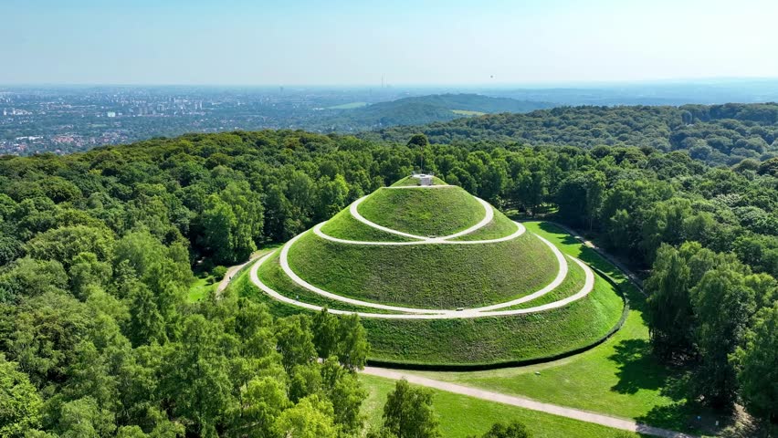 Piłsudski’s Mound in Krakow, Poland. The highest artificial mound in Poland. Erected 1934-1937 to commemorate marshal Jozef Piłsudski and Independence of Poland. Aerial video. Krakow in the background