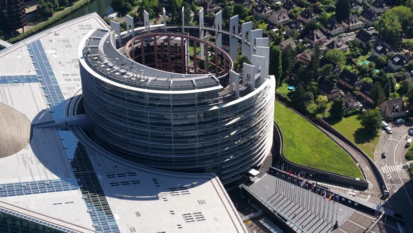 European Parliament in Strasbourg, France. European politics. Aerial drone video.