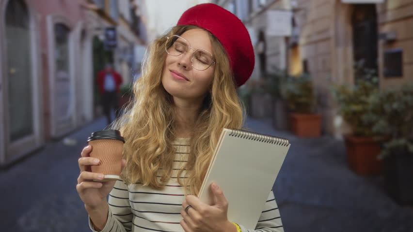 Woman sips coffee before holding her pad on street as she reveals a sketchbook in front of onlookers, blonde young student wearing glasses appearing pensive during an outdoor workshop.