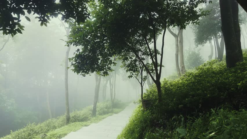 Foggy mountain woods forest with hiking trail in Shenzhen Wutong Mountain, Guangzhou, China