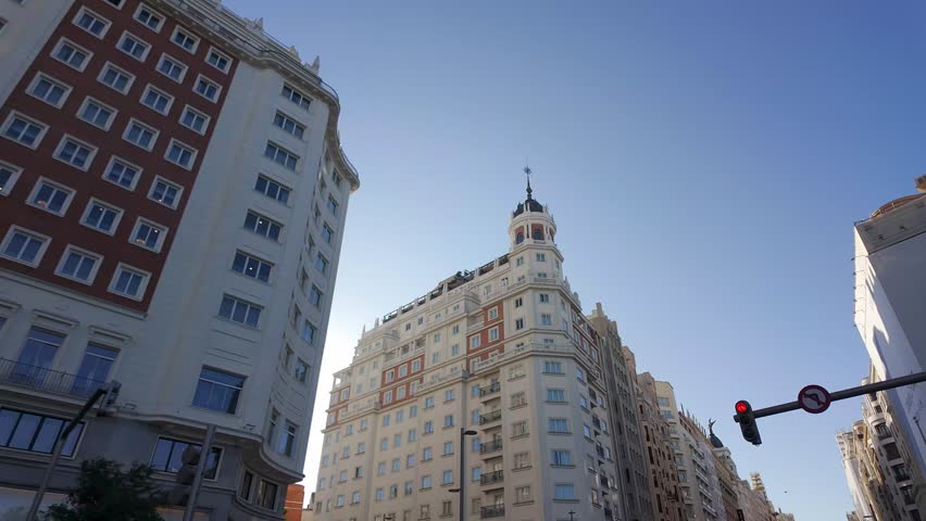 Modernist and classical buildings on the central street of Madrid