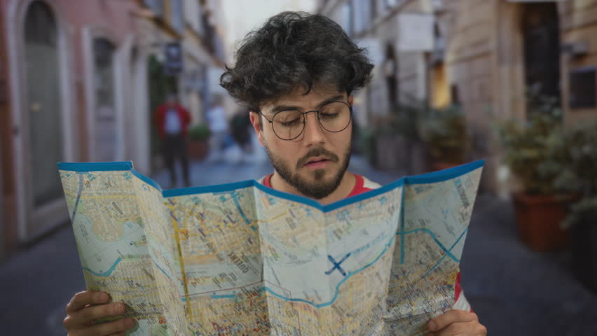 Young man with beard holding map outdoors on street, looking around in search of direction, showcasing urban exploration adventure.