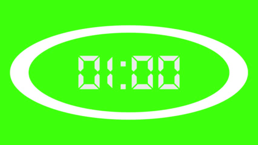 Green animation background featuring digital timer counting down from 60 to 0 on green chroma key background. 1 minute timer animation. 60 second countdown timer with shrinking white circular frame