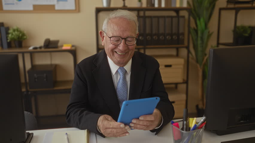 Senior businessman in a suit having a video call on a tablet, smiling in a modern office setting with plants and office supplies creating a professional but warm atmosphere. - Powered by Shutterstock - Get 15% off with code: PIKWIZARD15