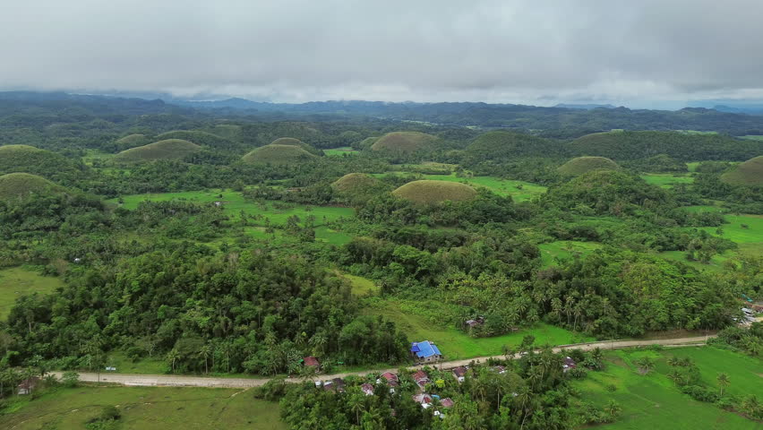 Aerial view of Chocolate hills - geological formation on Bohol island, Philippines, 4k