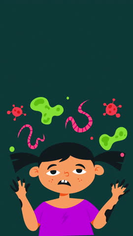 Cartoon animation of a sick girl with dirty hands and visible worms, germs, and bacteria around her head. Concept of hygiene, infection, and intestinal parasites. 4K