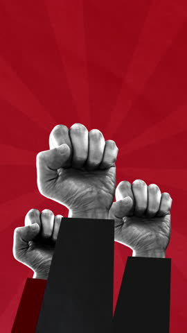 Collage-style illustration of three raised fists on a red background, symbolizing protest, resistance, and solidarity. Bold graphic design with vintage and revolutionary aesthetic. 4K