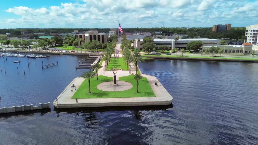 Aerial view of Sanford Riverwalk and Marina Video 4K from Drone, Sanford, Florida, USA