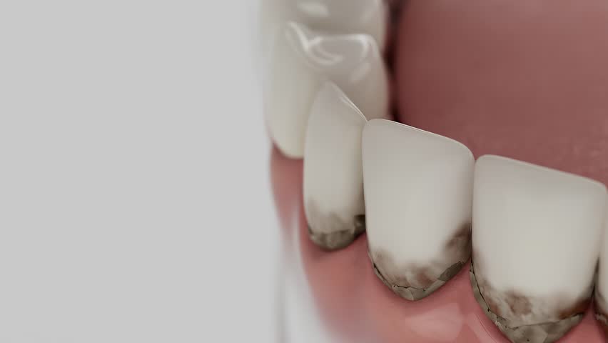 High-quality 3D medical animation showing professional dental cleaning procedure. Close-up of teeth with tartar and plaque removal using ultrasonic scaler.
