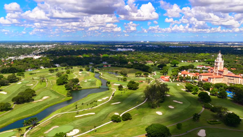 Miami, FL, USA - August 15, 2025: Aerial panorama Biltmore Hotel Miami