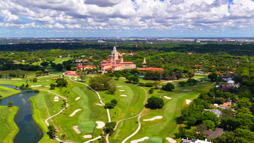 Miami, FL, USA - August 15, 2025: Biltmore Hotel Miami Coral Gables 2025 aerial stock footage