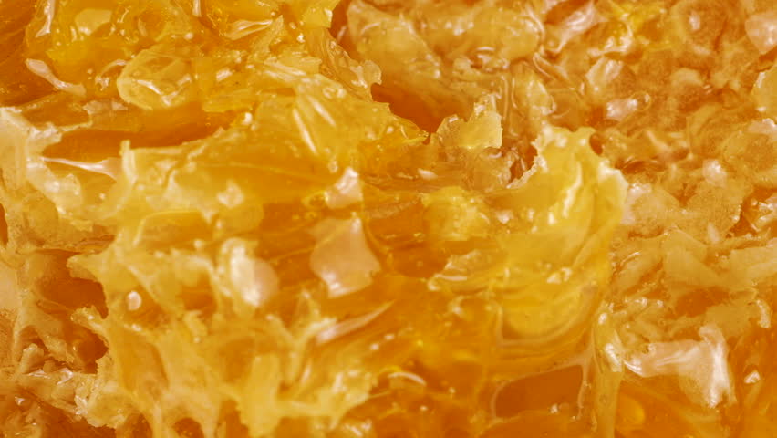 Pieces of honeycomb with golden honey rotate on a white plate. Close-up of wax cells with bee honey. Shooting macro. Healthy eating concept.