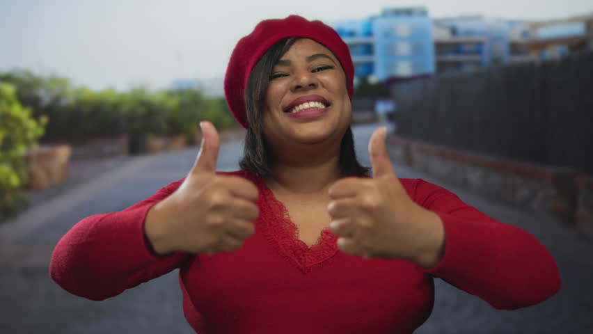 Young plus size latin woman smiling on a city street, wearing a red beret and sweater, showing thumbs up, embodies cheerful confidence in an outdoor urban setting.