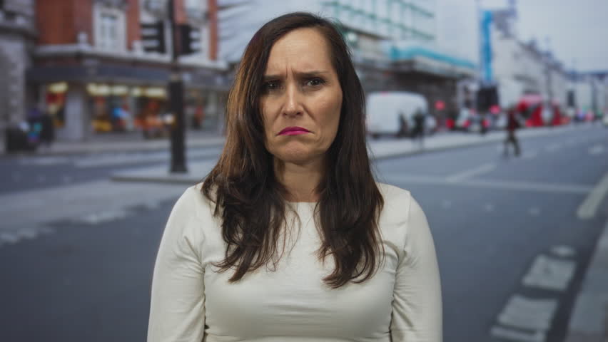 Young hispanic woman lifts eyebrows and leans forward at pedestrian crossing in busy city street; curiosity intrigue.