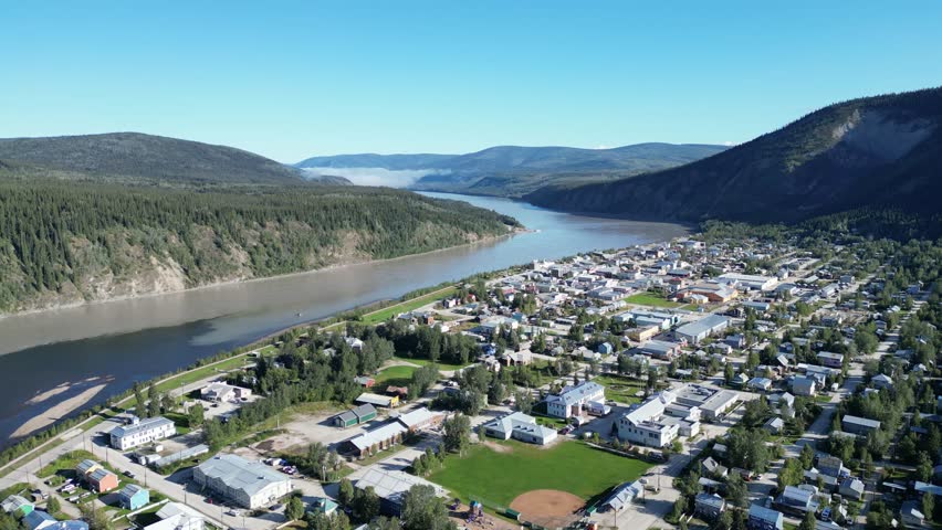 Dawson City in sumemr drone aerial