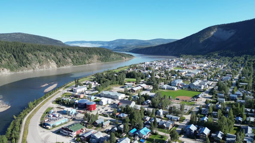 Dawson City in sumemr drone aerial