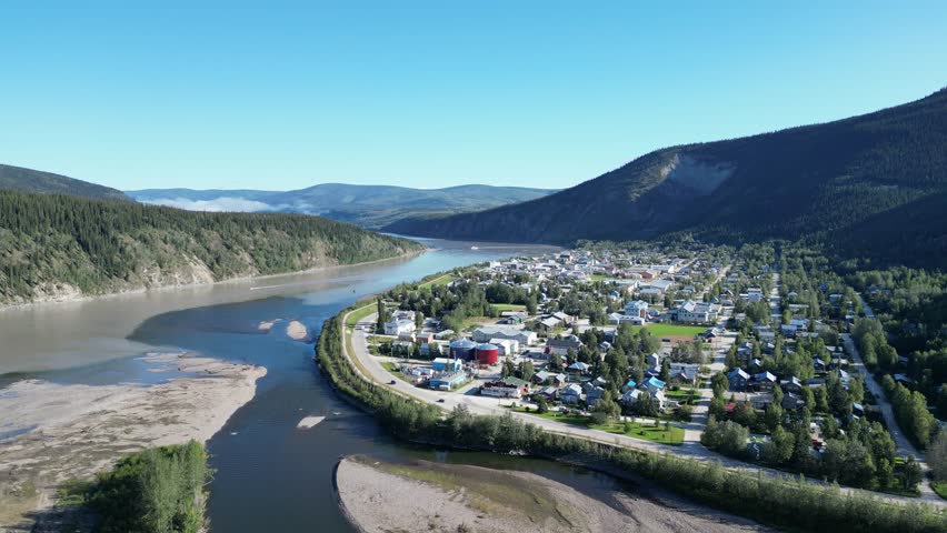 Dawson City in sumemr drone aerial