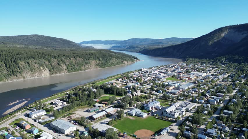 Dawson City in sumemr drone aerial