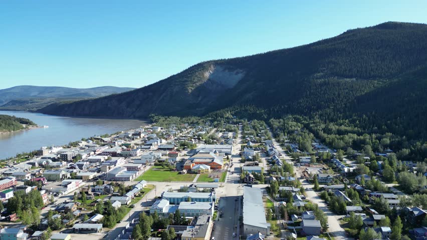 Dawson City in sumemr drone aerial