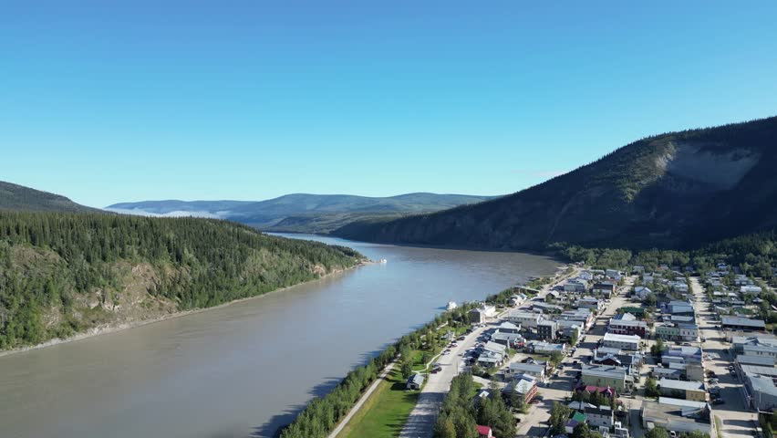 Dawson City in sumemr drone aerial