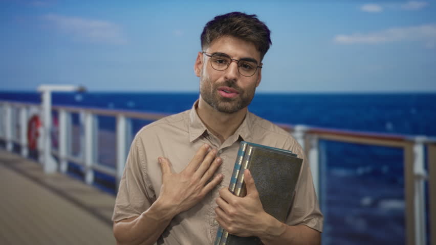 Man wearing glasses holds antique books with hand on chest on wooden boat deck under sunlight; gratitude.