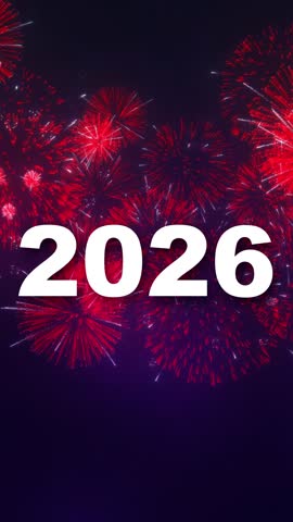 Vibrant festive animated red fireworks exploding, happy New Year 2026, dark blue backdrop, glittering particles, merry festive celebration, holiday wishes, event, party, festive season, Copy space.