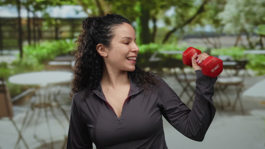 Woman exercising with dumbbell on terrace, showcasing fitness in an outdoor restaurant setting with tables and greenery.