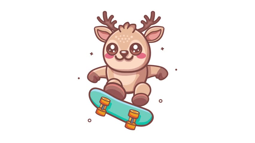 animation kawaii deer animal character mascot playing skateboard on white background
