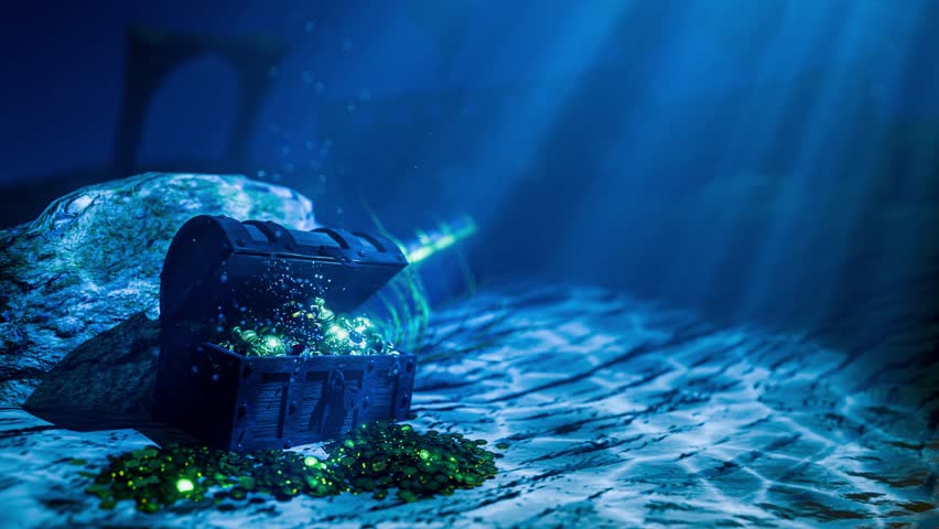 Underwater Treasure Chest Filled with Gold Coins and Jewels Hidden in Deep Ocean Pirate Shipwreck Fantasy Adventure Scene 3D Rendering
