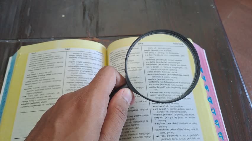 PAMEKASAN, INDONESIA - AUGUST 16, 2025: An Asian hand holds a magnifying glass, searching for the words "wedding" and "war" in an English-Indonesian dictionary. A concept exploring contrasting themes.